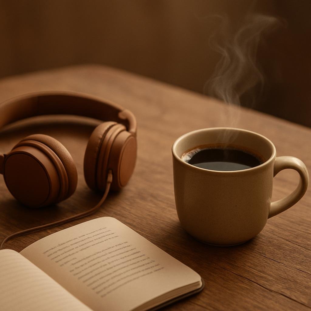 Imagem conceitual com xícara de café e caderno para o podcast Café em Prosa